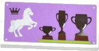 LEGO part Tile 2 x 4 with Crown, Rearing Horse and 3 Trophies on Medium Lavender Backgound Pattern (Sticker) - Set 3185 87079pb0148