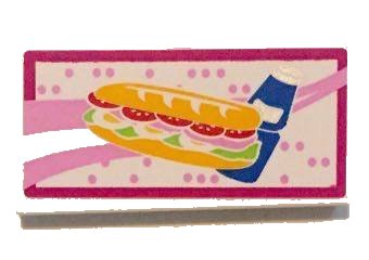 LEGO part Tile 2 x 4 with Sandwich and Blue Drink Bottle with Magenta Border Pattern (Sticker) - Set 41058 (87079pb0314)
