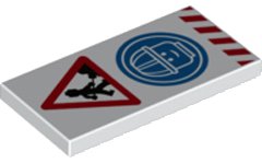 LEGO part Tile 2 x 4 with Minifigure Worker with Shovel and Pile, Head with Construction Helmet in Blue Circle, and Red Danger Stripes Pattern (87079pb0704)