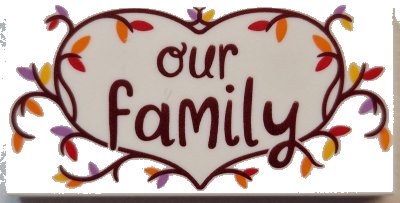 LEGO onderdeel Tile 2 x 4 with Reddish Brown 'our family' in Heart Shaped Branch with Red, Orange, Yellow and Medium Lavender Leaves Pattern (87079pb1371)
