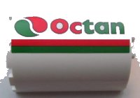 LEGO part Cylinder Half 3 x 6 x 6 with 1 x 2 Cutout with Red and Green Stripes and Octan Logo Pattern Model Left Side (Sticker) - Set 7939 87926pb002L