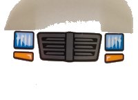 LEGO part Slope, Curved 4 x 1 x 2/3 Double with Metallic Silver Grille, Blue Headlights, and Orange Turn Lights Pattern 93273pb085