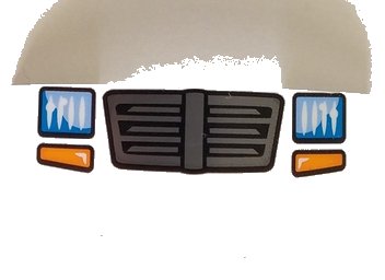 LEGO part Slope, Curved 4 x 1 x 2/3 Double with Metallic Silver Grille, Blue Headlights, and Orange Turn Lights Pattern (93273pb085)