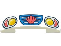 LEGO part Slope, Curved 4 x 1 x 2/3 Double with Dark Azure Car Front Grille with Coral Clam Shell and Yellow and Bright Light Orange Headlights Pattern 93273pb200