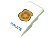 LEGO part Slope, Curved 4 x 2 with Black Outlined Gold Badge  and Blue 'POLICE' Pattern (Sticker) - Set 60239 93606pb108