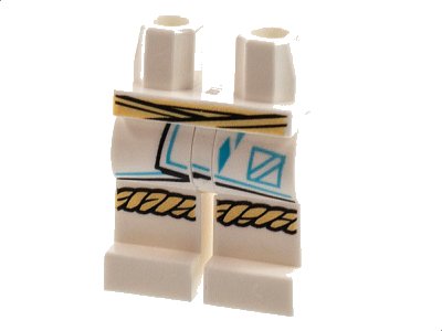 LEGO part Hips and Legs with Tan Sash and Knee Wrap, Robe Ends with Medium Azure Trim Pattern (970c00pb1314)