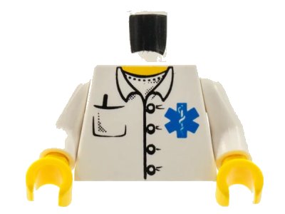 LEGO onderdeel Torso Hospital EMT Star of Life, Open Collar, Buttons, Pocket Pen Pattern / White Arms / Yellow Hands (973pb0409c01)
