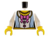 LEGO onderdeel Torso Female Corset Top with Bright Light Blue Panels and Gold Trim, Dark Pink Bow and Laces, Bead Necklace, Yellow Neck Pattern / White Arms / Yellow Hands 973pb1283c01