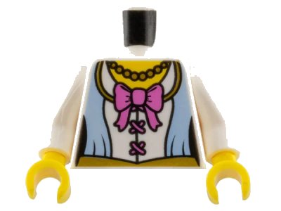 LEGO onderdeel Torso Female Corset Top with Bright Light Blue Panels and Gold Trim, Dark Pink Bow and Laces, Bead Necklace, Yellow Neck Pattern / White Arms / Yellow Hands (973pb1283c01)