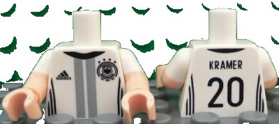 LEGO part Torso Soccer Shirt with Adidas Logo, 4 Stars and Eagle Front, 'KRAMER 20' Back Pattern / Light Nougat Arms with Molded White Short Sleeves Pattern / Light Nougat Hands (973pb2384c01)