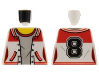 LEGO part Torso Female Jacket Open, Light Bluish Gray Shirt with Red Collar, Yellow Neck, Black Number 8 on Back Pattern 973pb2626