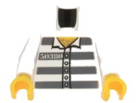 LEGO part Torso Town Prisoner Number 50380, Dark Bluish Gray Stripes, 5 Buttons, Hairy Chest Pattern / White Arms / Yellow Hands 973pb3375c01