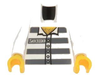 LEGO onderdeel Torso Town Prisoner Number 50380, Dark Bluish Gray Stripes, 5 Buttons, Hairy Chest Pattern / White Arms / Yellow Hands (973pb3375c01)