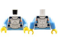 LEGO part Torso Racing Suit, Bright Light Blue and Coral Stripes, White Chest Protector, Sport Mountains Logo Pattern / Medium Blue Arms / Yellow Hands 973pb4471c01