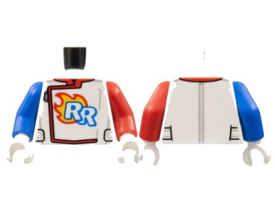 LEGO onderdeel Torso Racing Suit, Zipper, 'RR' Logo, Flames Pattern / Red Arm Left / Blue Arm Right / White Hands (973pb4472c01)