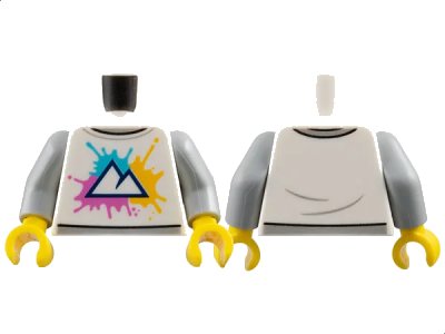 LEGO onderdeel Torso Mountains on Medium Azure, Bright Light Orange and Dark Pink Splotches Pattern / Light Bluish Gray Arms / Yellow Hands (973pb4535c01)