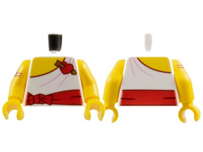 LEGO onderdeel Torso Toga with Yellow Chest, Red Sash and Heart with Gold Arrow, Dark Red Outline and Bright Pink Folds Pattern / Yellow Arm Left / Yellow Arm with Gold and Reddish Brown Twisted Upper Arm Bracelet Pattern Right / Yellow Hands (973pb5926c01)