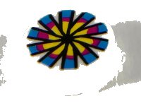 LEGO part Tile, Round 1 x 1 with Yellow, Magenta and Dark Azure Flower and Chinese Pellet Drum Pattern 98138pb119