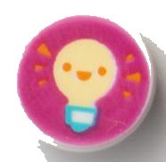 LEGO part Tile, Round 1 x 1 with Bright Light Yellow Light Bulb with Orange Eyes and Open Mouth Smile on Magenta Background Pattern 98138pb239