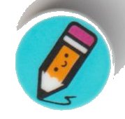LEGO part Tile, Round 1 x 1 with Bright Light Orange Pencil with Magenta Eraser and Black Eyes and Smile on Medium Azure Background Pattern 98138pb241