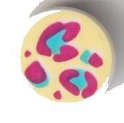 LEGO part Tile, Round 1 x 1 with Magenta and Medium Azure Leopard Spots on Bright Light Yellow Background Pattern (98138pb248)