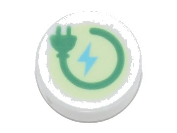 LEGO part Tile, Round 1 x 1 with Green Electric Power Plug and Medium Azure Lightning Bolt on Yellowish Green Background Pattern (98138pb264)