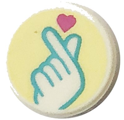 LEGO part Tile, Round 1 x 1 with Snapping Fingers Hand with Medium Azure Outline and Dark Pink Heart on Bright Light Yellow Background Pattern (98138pb269)