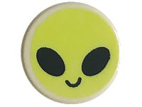 LEGO part Tile, Round 1 x 1 with Emoji, Yellowish Green Alien Face, and Black Oval Eyes and Smile Pattern 98138pb270