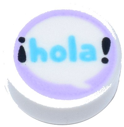 LEGO part Tile, Round 1 x 1 with Medium Azure 'hola' and Black Exclamation Marks in Speech Bubble on Lavender Background Pattern (98138pb272)