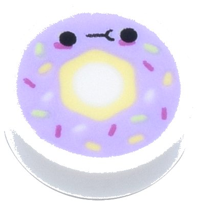LEGO part Tile, Round 1 x 1 with Donut / Doughnut with Lavender Frosting, Sprinkles, and Black Eyes and Mouth Pattern (98138pb275)
