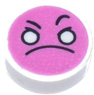 LEGO part Tile, Round 1 x 1 with Emoji, Dark Pink Angry Face, White Eyes, and Black Frown and Eyebrows Pattern (98138pb277)