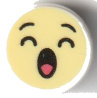 LEGO part Tile, Round 1 x 1 with Emoji, Bright Light Yellow Face, Closed Eyes, and Open Mouth with Coral Tongue Pattern 98138pb349