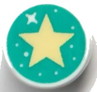 LEGO part Tile, Round 1 x 1 with Sparkle, Spots, and Bright Light Yellow Star on Dark Turquoise Background Pattern 98138pb351