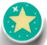 LEGO onderdeel Tile, Round 1 x 1 with Sparkle, Spots, and Bright Light Yellow Star on Dark Turquoise Background Pattern (98138pb351)