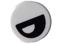 LEGO part Tile, Round 1 x 1 with Black Eye Partially Closed with Off-Center Half Circle Pupil Pattern 98138pb366