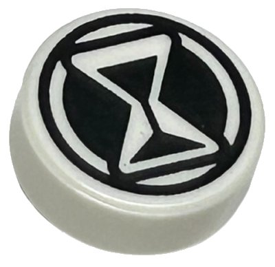 LEGO part Tile, Round 1 x 1 with Black Hourglass and Circle Pattern (98138pb387)