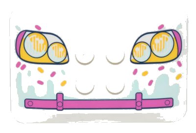 LEGO part Wedge 6 x 4 x 2/3 Quad Curved with Yellow and Dark Pink Headlights, Bumper, Light Aqua Icing Drips, and Sprinkles Pattern (98281pb018)