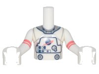 LEGO part Torso Mini Doll Boy Spacesuit with Silver Collar, Buttons, and Classic Space Logo Pattern, White Arms with Hands with Coral Stripes FTBpb070c01