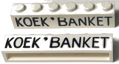 LEGO part Brick 1 x 6 without Bottom Tubes with Cross Side Supports with Black 'KOEK ' BANKET' Pattern (crssprt02pb011)