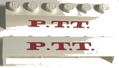 LEGO onderdeel Brick 1 x 6 without Bottom Tubes with Cross Side Supports with Red 'P.T.T.' Thick Pattern (crssprt02pb022)