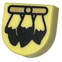 LEGO part Tile, Round 1 x 1 Half Circle Extended with Gold Strap and Black Pointed Fur Pattern (Cruella De Vil Handbag) 24246pb048