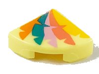 LEGO part Tile, Round 1 x 1 Quarter with Orange, Dark Turquoise, Bright Pink, Coral, and Bright Light Orange Feathers Pattern 25269pb010