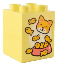 LEGO part Duplo, Steen 2 x 2 x 2 with Bright Light Orange, Coral, and White Kitten Face, Food Bowl, and Goldfish Pattern 31110pb185