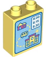 LEGO part Duplo, Brick 1 x 2 x 2 with Map, Coral Buildings and White Bus Timetable with Blue '8.00', '8.15', '8.30' and Border on Medium Blue Background Pattern 4066pb803