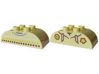 LEGO part Duplo, Brick 2 x 4 Slope Curved Double with Reddish Brown, Bright Light Orange and White Dots and Collar / Hoodie with Laces, Button and Star Pattern 98223pb045