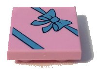 LEGO part Tile, Modified 2 x 2 Inverted with Gift Wrap Medium Blue Bow Pattern 11203pb013