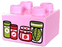 LEGO onderdeel Duplo, Steen 2 x 2 met Limoen en Rood Potten met Kruiden, Aardbeipuree en Ingelegd Patroon 3437pb120