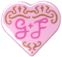 LEGO part Tile, Round 1 x 1 Heart with Gold Filigree and Dark Pink Script 'G + F' Pattern 39739pb08