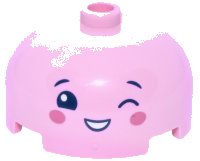 LEGO part Brick, Round 3 x 3 x 1 1/3 Dome Top - Open Stud with Face with Dark Blue Eyebrows, Mouth and Winking Eye Left, Dark Pink Cheeks Pattern 49308pb005