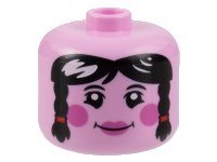 LEGO part Minifigure, Head, Modified Giant Female Black Eyebrows and Hair with Braids, Dark Pink Circles on Cheeks and Lips, Grin Pattern - Vented Stud 79435pb03